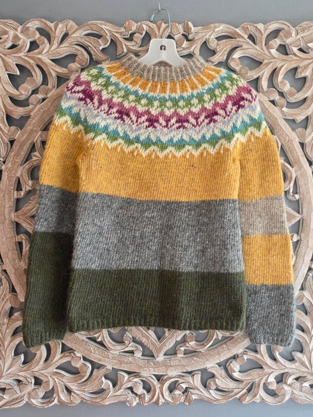 Oslo Hand-Knit Homemade Wool Sweater Classic Norwegian Fair Isle Bright Colors S